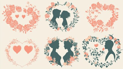 Romantic Floral Silhouettes in Heart Shapes