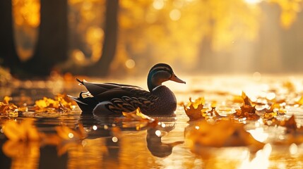 A mallard duck swims through a pond surrounded by autumn leaves in the golden glow of the setting sun.