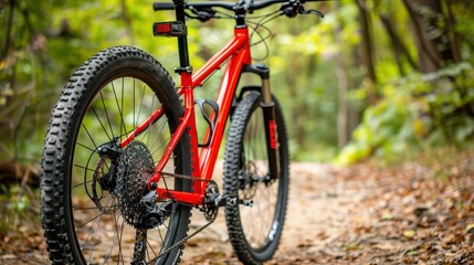A vibrant red mountain bike rests on a scenic forest trail surrounded by lush greenery and fallen leaves.