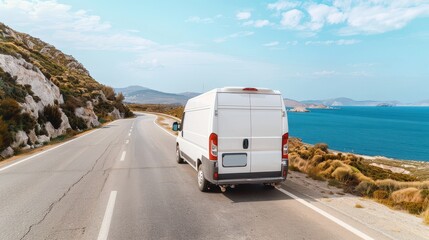 A white delivery van parked alongside a scenic coastal road, showcasing a perfect blend of nature and transportation.
