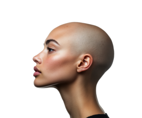 Profile of bald woman with smooth skin and natural beauty, side view, isolated on transparent background