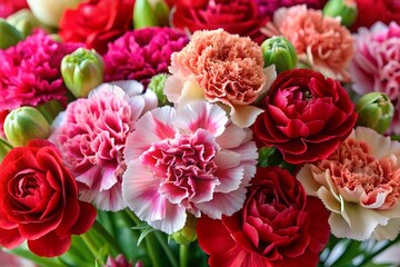 Fototapeta premium A vibrant bouquet of carnations in shades of pink, red, and white, with ruffled, textured petals and sturdy green stems