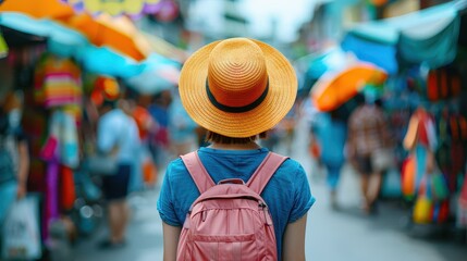 A young traveler explores a vibrant market, wearing a hat and backpack, surrounded by colorful stalls and lively atmosphere.