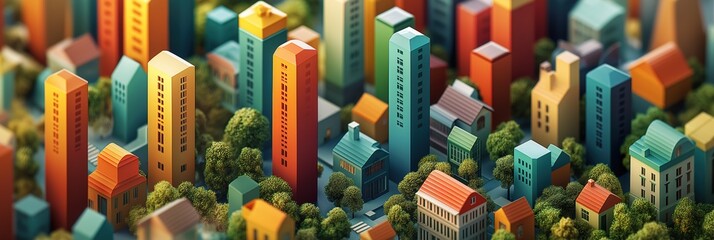 Obraz premium Colorful 3D Cityscape with Bar Graph Buildings and Pathways Representing Market Growth and Dynamics