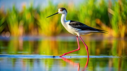 Obraz premium Blackwinged Stilt Walking in Water with Reflections – Elegant Shorebird in Natural Habitat, Ideal for Nature Lovers, Birdwatchers, and Wildlife Enthusiasts