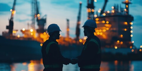 Two male workers shake hands at dusk near an oil rig, showcasing teamwork in energy sector. - Powered by Adobe