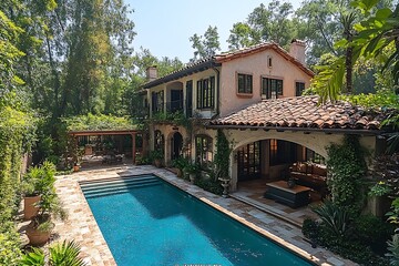 Fototapeta premium A luxurious Mediterranean-style villa with a swimming pool, surrounded by lush greenery.