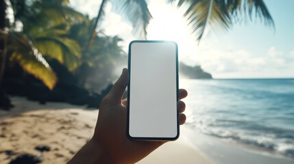 Hand holding a smartphone with a blank white screen on a beautiful tropical beach, perfect for showcasing apps or websites related to travel, tourism, or social media