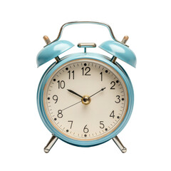 Retro blue alarm clock with twin bells, classic design, vintage timepiece, isolated clock for punctuality and decor, waking up, blue theme isolated on transparent background