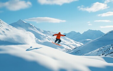 Snowboarder in Flight on Snowy Mountain