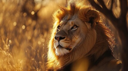 Fototapeta premium Close-up Portrait of a Majestic Lion with Golden Mane in a Natural Setting
