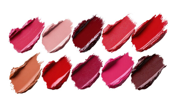 Assorted lipstick shades swatched in red and pink tones, creamy texture, colorful makeup smears, beauty product sample, cosmetic color options isolated on transparent background