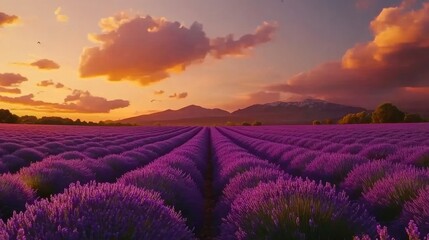 Obraz premium Lavender Fields at Sunset with Mountain Background, Scenic Nature Photography