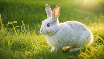 Fototapeta premium whimsical, endearing rabbit strolls leisurely across a lush, vibrant green meadow, its little paws barely touching the soft blades of grass, as the warm sunlight casts a gentle glow upon its fluffy