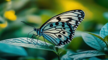 Naklejka premium A beautiful black and white butterfly with white spots rests on a green leaf.