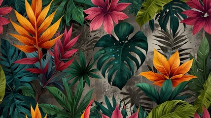 A realistic image of vibrant, drawn exotic tropical leaves intricately detailed on a weathered concrete grunge wall.