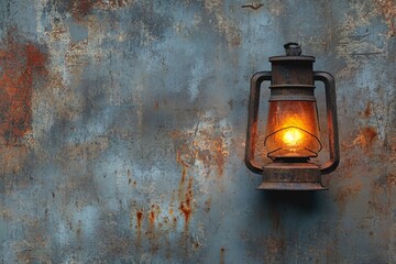 Vintage Lantern on Rusty Metal Wall - Glowing Light in the Dark