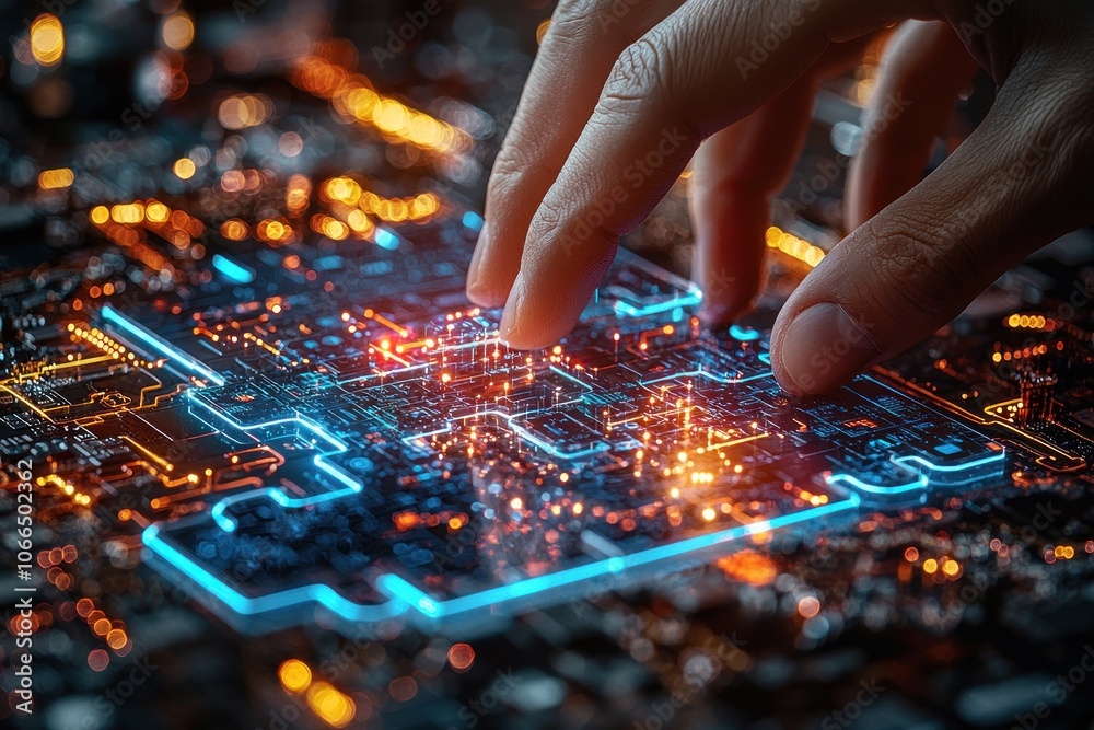 Poster hand interacting with glowing circuit board