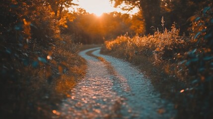 A winding gravel path leads through a forest at sunset.