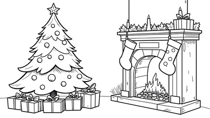 Fototapeta premium Children's coloring Christmas tree, gifts, fireplace, Christmas stocking 