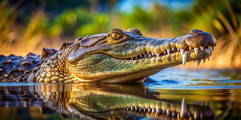 Fototapeta premium Candid Photography of Nile Crocodile Swimming with Head, Eye, and Teeth in Focus - Wildlife, Nature, Reptile, Aquatic Life, Close-Up, Animal Behavior, Natural Habitat