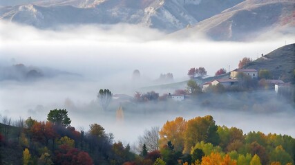 Misty Morning, Autumn villages in mountainous areas