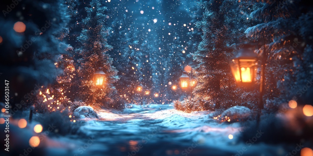 Poster enchanting snow-covered forest path with glowing lanterns