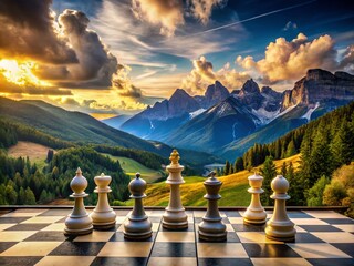 Captivating Chess Icon Landscape: Strategic Game in Nature's Embrace with Scenic Mountains and Clear Skies