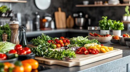 Fresh vegetables on a cutting board in a kitchen.