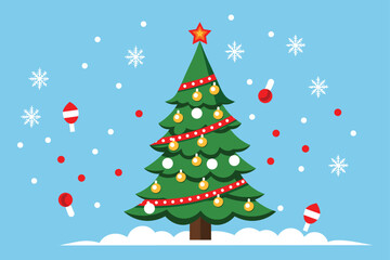 Festive Christmas Tree with White Snow, Ribbon, and Light Chain Ornaments