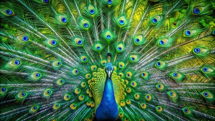 Fototapeta premium Captivating Drone Photography of a Peacock's Vibrant Tail Feathers in Nature's Splendor, Showcasing Stunning Colors and Patterns, Ideal for Wildlife and Nature Enthusiasts