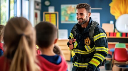 A smiling firefighter engages with children in a classroom, promoting fire safety and inspiring youth through education.