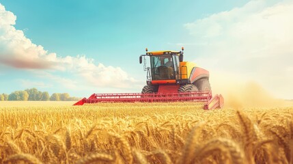 Fototapeta premium A vibrant scene of a combine harvester working in a golden wheat field under a clear blue sky.