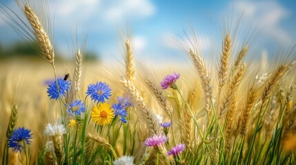 Obraz premium A vibrant scene of wildflowers and golden wheat under a blue sky, showcasing nature's beauty and tranquility.