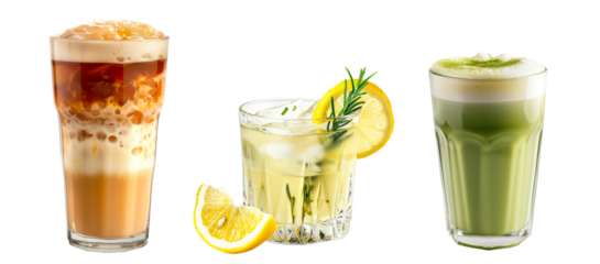 Cocktail or lemonade with lemon and lime, creamy matcha chai latte, milk tea isolated on white transparent background.