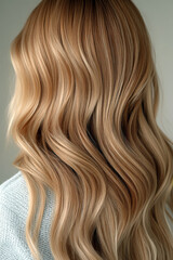 Fototapeta premium Close-up view of long wavy hair cascading down in soft light against a neutral background