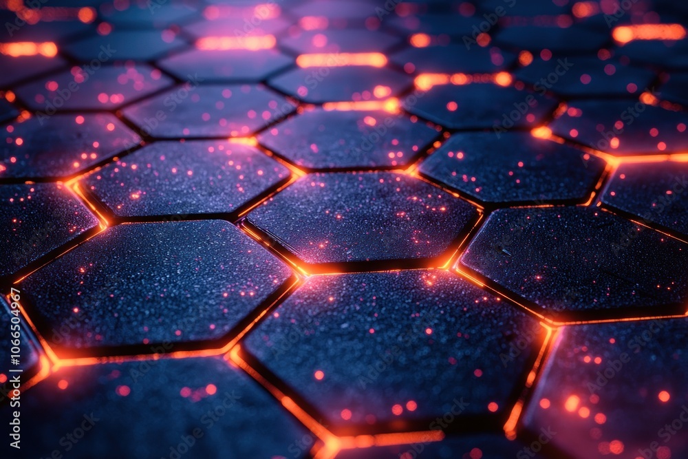 Poster abstract hexagon pattern with glowing orange and pink lights