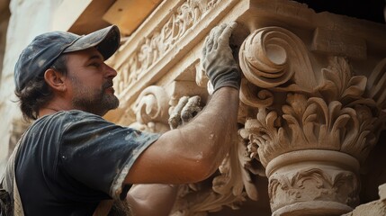 Artisan meticulously carving an ornate stone column, showcasing craftsmanship and dedication in architectural restoration.