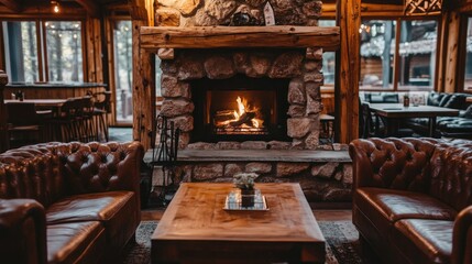 Cozy living room with a fireplace, two leather armchairs, and a coffee table.