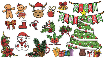 Fototapeta premium Hand drawn vector illustration of Christmas decorations.Christmas clip art on white background