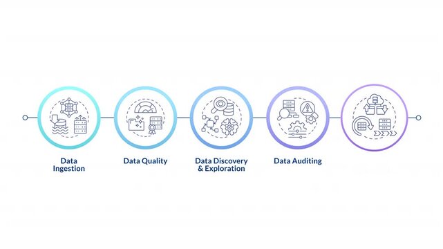 Data management infographic infographic circles animation. Cloud computing infrastructure. Processing hardware. Flowchart dynamic presentation with 5 steps process. HD video, motion graphics