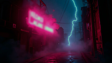 Fototapeta premium Cloud of electric smoke surrounding a neon sign in an urban alley setting at night