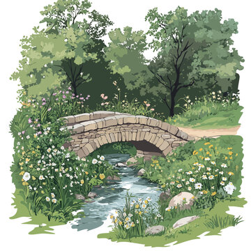 A stone bridge over a small stream in the park. Vector illustration