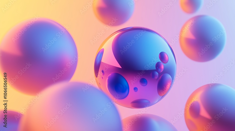 Poster colorful abstract spheres floating in a gradient background during a digital art creation process