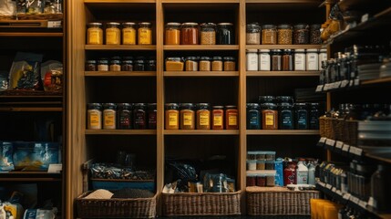 A well-stocked spice rack with jars of various spices and condiments.