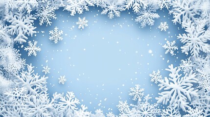 A blue background with a white snowflake frame. The snowflakes are of varying sizes 