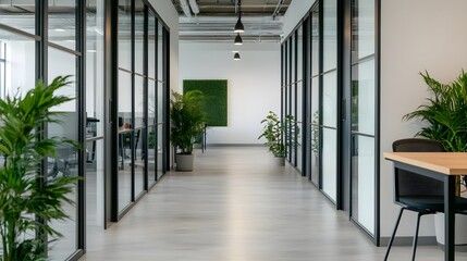 Modern Office Hallway with Glass Walls