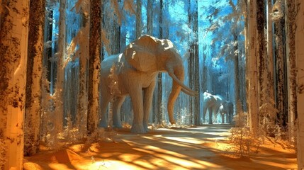 Majestic Elephants in a Surreal Winter Forest with Vibrant Blue and Orange Hues Creating a Dreamlike Atmosphere