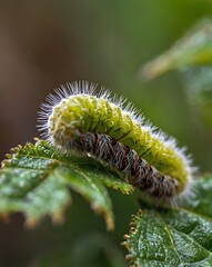 Fototapeta premium A Green and White Fuzzy Caterpillar on a Leaf
