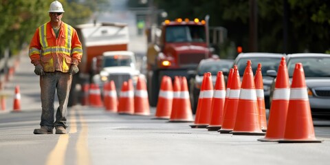Fototapeta premium A male construction worker in safety gear oversees road work, surrounded by traffic cones.